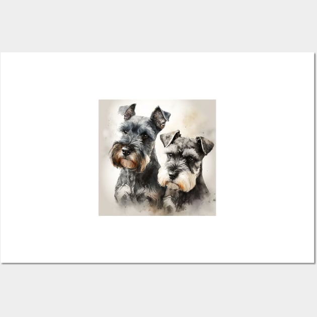 Two Miniature Schnauzers Playing Watercolour Painting Wall Art by TheArtfulAI